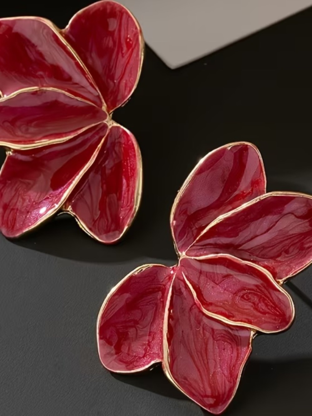 Red Enamel Floral Pierced Earrings Gold Tone Accents New I AM
